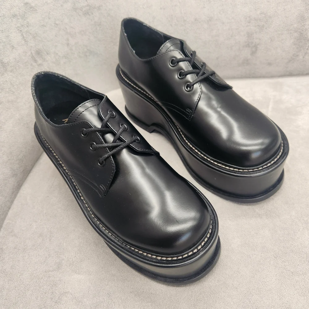 Artisan Platform Derby Shoes Women's 7 Black Leather Chunky Academia New $200